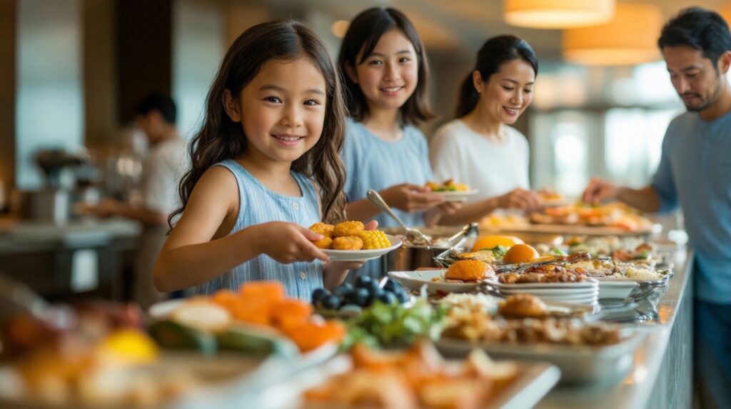 恩納村のホテルで子供と一緒に朝食ビュッフェを楽しむ家族
