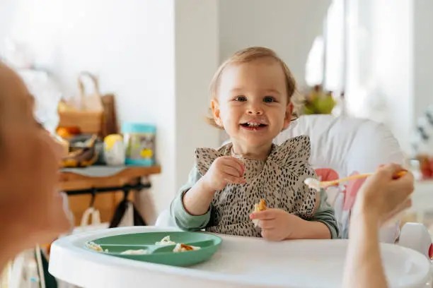 赤ちゃん ハイチェア 食事 離乳食 笑顔