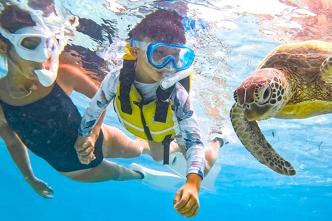 沖縄でシュノーケリング中にウミガメと泳ぐ子供